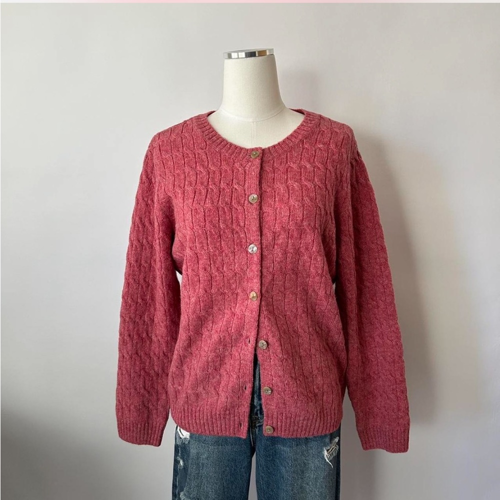 Appleseed's Y2K Style Grannycore Pink Cable Knit 100% Wool Cardigan Sweater PL. - Picture 6 of 9
